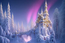  white and gold crystal castle，waterfall, winter snow flakessnow, northern Lights, full of details, smooth, bright sunshine，soft light atmosphere, light effect，vaporwave colorful, concept art, smooth, extremely sharp detail, finely tuned detail, ultra high definition, 8 k, unreal engine 5, ultra sharp focus