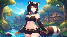 Girl, open navel, black hair, orange eyes, forest, river,house by river, collar on neck, raccoon ears, raccoon tail, raccoon muzzle on face, raccoon nose.