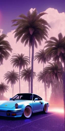 1980's aesthetic vaporwave palm trees and spheres and Porsche with lightning