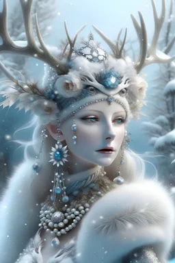 Beautiful white snow covered deer woman in the winter Forest, extremely textured white fur adorned with irrdescence and bioluminescense ice blue snowflake texture and crystal pearls covered body, wearing beautiful winter leaves and mistletoe and berries and agate white onix ribbed headdress organic i spinal ribbed detail of beautiful athmospheric wnte Forest background by the moonlight extremely detailed hyperrealistic maximalist portrait