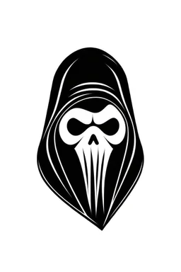 Extremely simple and fun logo representing the face only of the grim reaper. Black on white background