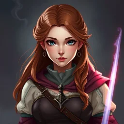 pretty girl, conventionally attractive, tight top, medieval, sorcerer, hazel hair, digital art