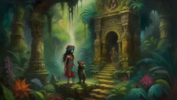 An oil painting inspired by a Mexican fairy tale, featuring rich textures and bold colors that capture the essence of folklore. The scene portrays a mystical encounter between a brave hero and a mystical beast in a mystical forest, with ancient ruins peeking through the dense foliage. The suffix infuses the image with a sense of mystery and intrigue, inviting viewers to immerse themselves in the fantastical world.