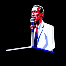 vector illustration man with a 50 centimeter long nose speaking at a lectern with microphone, (((black background))), white, black and red colors