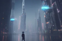 3D, beautiful, light reflecting, dubai at night, rainy night, cyberpunk, tron, one cyborg walking, 8k, finely detailed, photo realistic