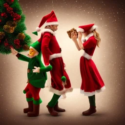 two elves. woman and man. Christmas scene. photorealistic. low-key