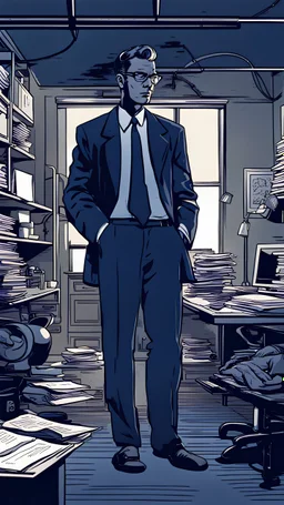 "navy blue" color scheme, comic style : a man is researching