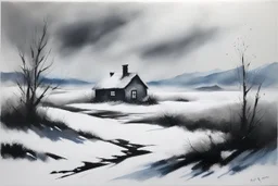 snowy land with a lone pale weather-beaten cottage, (heavy snowing:2), acrylic paint, minimal art, low colors of steel gray, snow white and black, sparse pale cobalt tint leak, wild brush strokes, hard winter, storm dynamics, great wind diagonals, gloomy mountain skyline