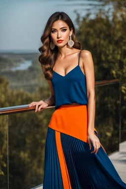 fullbody shot of young-beautiful-ozbek-with-a-perfect-face-with-make-up-wearing-orange top and midi pleated blue skirt