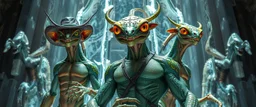 newts coy insect cyberpunk cowboy brilliant detailed full figure portrait disco glittery fluffy muscle man dino anime in the style of Escher and Giger in front of dented marble tower of transparent glass statues