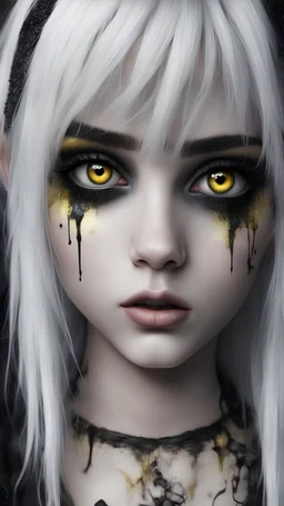Perfect emo girl, realistic insane graphics hyper realism very detailed face very detailed Large eyes crazy luminous glowing eyes of the eyes gold black white yellow hyper neon colors goth punk, cute white hair, Gothic bloody eyeliner, admitting in otherworldly grow, eyes are super intense detail, portrait beautiful facial structure, 8K resolution, perfect lighting , pale Queen,award-winning,