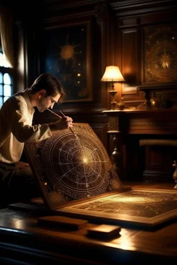 astrologer draws a star map, antique interior, baroque, night, moon is shining, planets