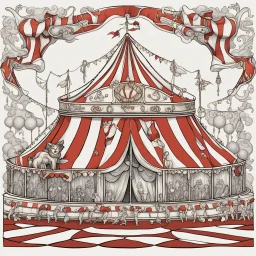 Coloring book page:: Circus: A whimsical illustration of a circus tent with acrobats, clowns, and a ringmaster:: high detail adult coloring book page thin black lines white background, 1 bit line art coloring book, only draw outlines, crisp, thick outlines, use up the entire screen, outline art, storybook illustration –no noise, book, logo, page, letters, words, markers, grayscale, –no black background –ar 3:4 –v 4