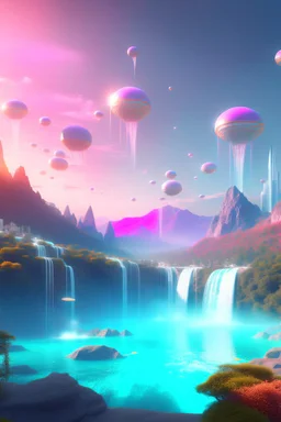 Future city. Designed by Islam on the mountains of Dhubarjad Waterfall pouring into Lake Yaqout Al-Ahmar. Rose trees and exotic fruits. The sky is colored with stars and planets.