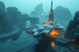 futuristic cyberpunk hangar bay