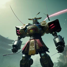 masterpiece robot samurai with yakuza tatu, atmospheric, realistic, unreal engine, cosmic galactic background, cinematic lighting, octane render, random colors, cosmic ambiance, art by Yoji Shinkawa