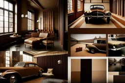 mood board for architectural graduation project and its a museum and the colors are brown and the furniture for a car museum