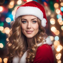 Beautiful young woman in Santa Claus hat on background of christmas lights