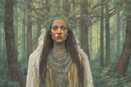 create an abstract expressionist lithograph full body portrait of a pale female tribal druid priestess, with highly detailed, delicate feminine facial features, inhabiting an ethereal Northern forest of ancient hemlocks, in the comic book style of Jean Giraud Moebius, David Hoskins, and Enki Bilal, precisely drawn, boldly inked, with vibrant summer forest colors