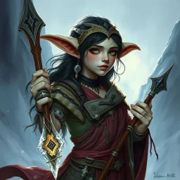 a pretty goblin woman, shaman, ice, young, medieval, fantasy, illustration, cinematic, poster