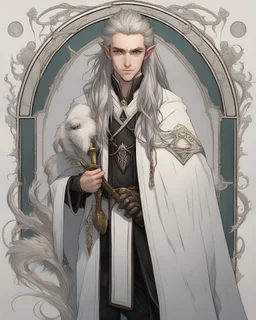 a young High Elf frost Wizard with long wiry hair, wearing a black trimmed white nobleman's robe and frost ornaments on clothes, with a small weasel on his shoulder