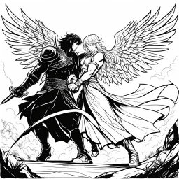 Jacob wrestling with angel. Record of Lodoss War style, Linework: Expressive, expressive black ink line art with variable stroke weights. Crisp contours define silhouettes while fine hatching adds subtle depth and form.