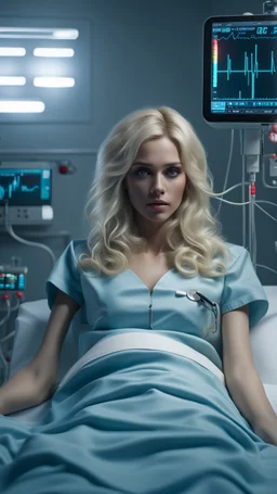 photorealistic hyperdetailed young womanwith blonde hair lying on a hospital bed with a heart monitor and tubes attached