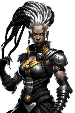 gasping orora monro, storm, from xmen, with a braided / affro mohawk. She's wearing medieval armor make it a part sideways so we can see her waste and thighs. no background, solid white - transparent background! no background!!!