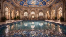 Superb symmetrical pictorial multicoloured mosaic floor, swimming pool, bathers, swimmers, night, water feature, walls with pictures of bathers and swimmers, symmetrical cathedral style high ceiling, relaxation, luxury, dream world, calm beauty, perfect symmetry, fantasy world, magic, beautiful symmetrical composition, exquisite detail, 85mm lens, adjust perspective, chiaroscuro, night, darkness, dramatic lighting