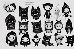 6 simple shaped hand drawn cartoon characters that are cute dark and have hoodies