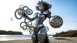 Wide-angle shot of a woman, standing to one side, with dark hair in a silver robotic catsuit, standing on a beach, flying mushrooms with octopus tentacles floating above her