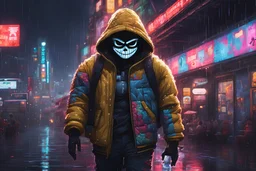 Sans in 8k pixel cartoon artstyle, pixel them, neon effect, close picture, rain, fantasy world, intricate details, highly detailed, high details, detailed portrait, masterpiece,ultra detailed, ultra quality