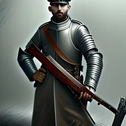 ww1, Christina, medieval iron armor, trench coat, no mans land, lone Knight, Rifle, Male, Brutal style, Full body, Grim face, Beared, Blue eyes, Tan skin,