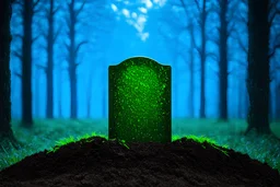 blue forest background, grave soil infront, a grave, green shiny liquid on the grave, realistic soil, realistic, shiny liquid on the grave, dark mood, dark background forest , close grave , very close, green liquid line on the grave, soil shot, realistic, detailed