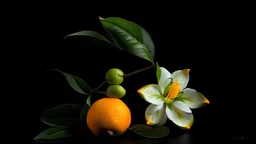 dark backround,12K,a couple of oranges,a few white neroli flowers,