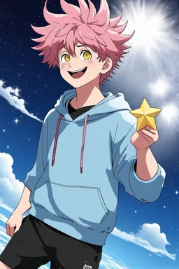 An androgynous young man with tousled pink hair and golden eyes floating among the stars wearing a light blue hoodie and black board shorts. He is smiling softly and holding a star in one hand.