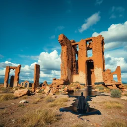 Photography of a landscape with massive odd incomprehensible style, ruins, surrealism, glossy, organic, mass growing, Joan Miró, strong texture, fiotti di liquido nero, panic, obsessive, hypnotic, rotten, figures, blue sky, clouds, hasselblad h6d400c --ar 85:128 --v 6.0