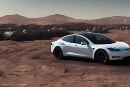 A Tesla 'Model S' is drifting at high speeds, in Mos Eisley on the planet Tatooine. (CINEMATIC, WIDE ANGLE LENS, PHOTO REAL)