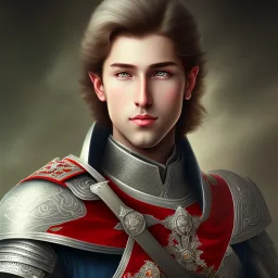 Portrait of a pretty prince in armor without beard. Has grey eyes, dark hair. Resting his hands on sword