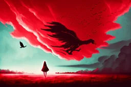 A dark sihlouette of a person flying among the beautiful haunting blood-red clouds