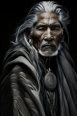 a photo of an Aztec man with ethnic jewelry, grey hair and grey flowing robe, in style of Annie Leibovitz, contemporary portrait of a mature yet beautiful and modernist man, black and grey, detailed masculine face, swirling fluid smokey enigma, award-winning artwork