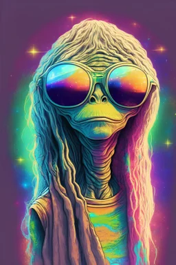 E.t. Extraterrestrial hippie cosmic with long hair and sunglasses of color