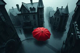 top-down view of a grayscale wet city street with old tall haunted houses, rain, one red umbrella lying prone on the street, rain, surreal style, dark mood