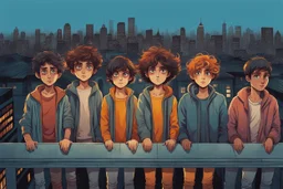 whimsical stylized illustration of young people with big eyes, tiny nose, tiny mouth and messy hair in complementer colors cloths, they stand in line on a high rooftop, surreal, thriller mood, smooth blending, extremely detailed, realistic textures, lights and shadows, cinematic