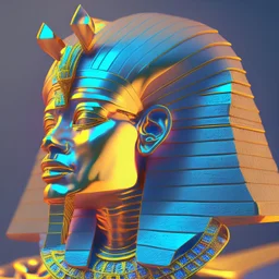 Tutankhamen head, imaginative, gold background, anaglyph style, octane render, 3d render, volumetric ray tracing