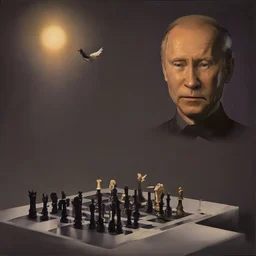 Putin, President Xi Of China And Joe Biden Play Chess between lights and shadow With A Pigeon,And Atomic Bomb Mushroom Cloud,Complex Surgical Instruments Intermixed With A Newborn Boy,Minimalism,Painting By Adrian Ghenie,Rene Magritte,Pablo Picasso,Michelangelo,Salvador Dali,Lucian Freud