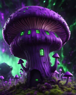 A weird floating mushroom house in galactic space. black purple green and white, Dark cosmic interstellar. Detailed Matte Painting, deep color, fantastical, intricate detail, splash screen, hyperdetailed, insane depth, concept art, 8k resolution, trending on Artstation, Unreal Engine 5, color depth, backlit, splash art, dramatic, High Quality Whimsical Fun Imaginative unusual, good composition