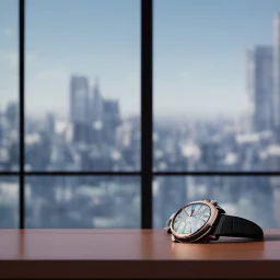 very close up of a very big luxury wrist watch with dark mirror glass stands on table in balcony skyscraper and reflects modern city environment image , to the camera ,centered.