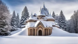 2055, rule of thirds, delightful, sensitive, confident, undulating sinusoidal castle with pointed hyperbolic roofs, delicate, thick snow, symmetrical, exquisite architecture, innovative design, perfect symmetry, award-winning photograph, beautiful composition, filled with beautiful detail, delicate colour, chiaroscuro