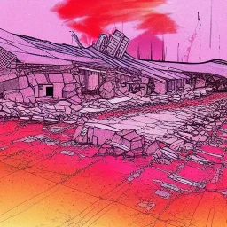  line Art coloured, destroyed, post apocalyptic, darkred tones,